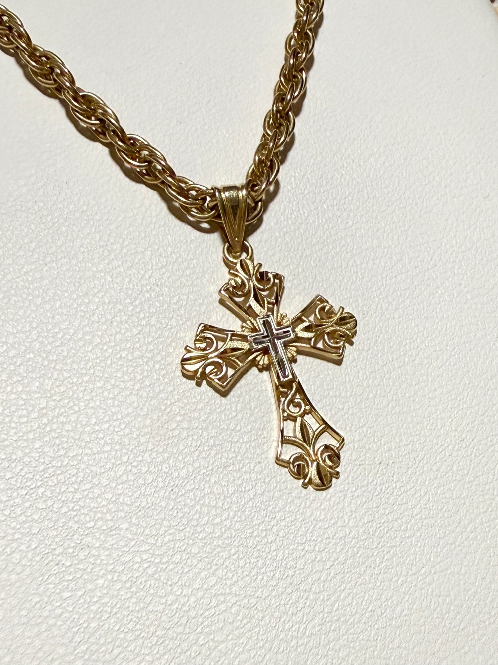 Vintage 14K Gold Michael Anthony Cross Pendant & 12K GF Rope Chain Necklace Set